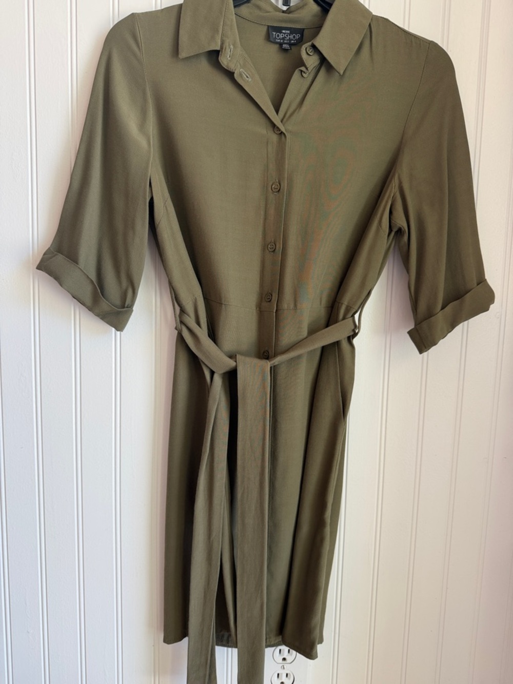 Topshop Olive Button-Front Midi Shirt Dress with Tie